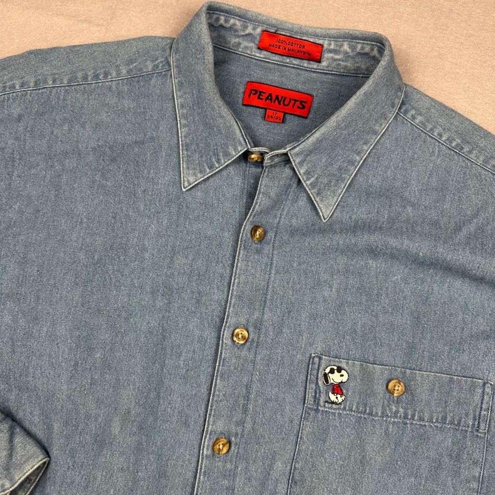 Peanuts Snoopy Joe Cool Denim Shirt Mens 17 34/35 Blue Long Sleeve Button Down